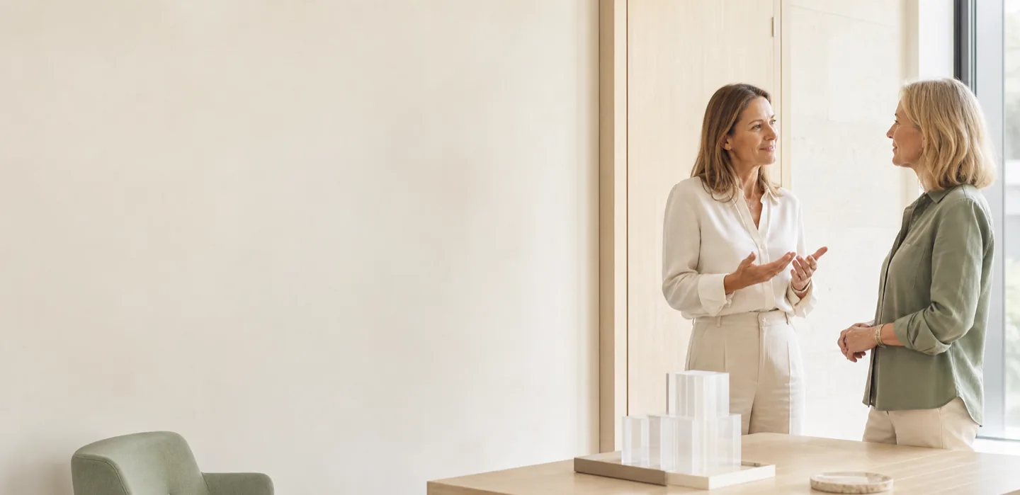 Une conseillère échange avec une cliente dans un bureau parisien lumineux