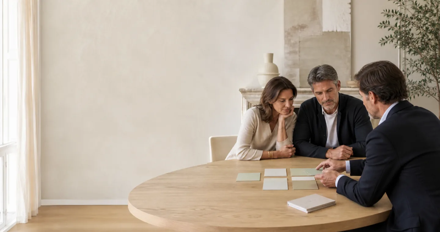 Un couple étudie son portefeuille avec un conseiller dans un bureau lumineux