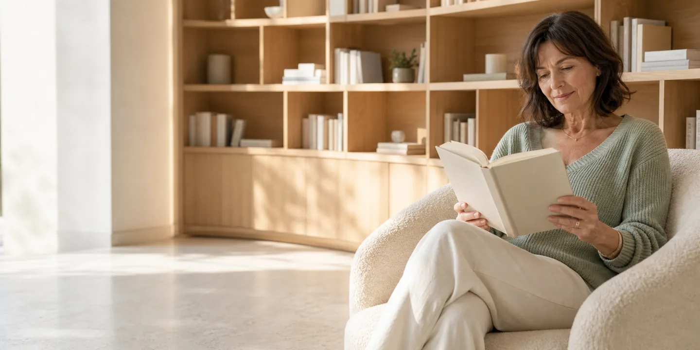 Une lectrice consulte un guide dans une bibliothèque contemporaine