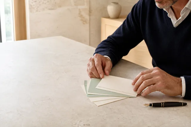 Un expert organise des fiches de vocabulaire financier sans texte visible