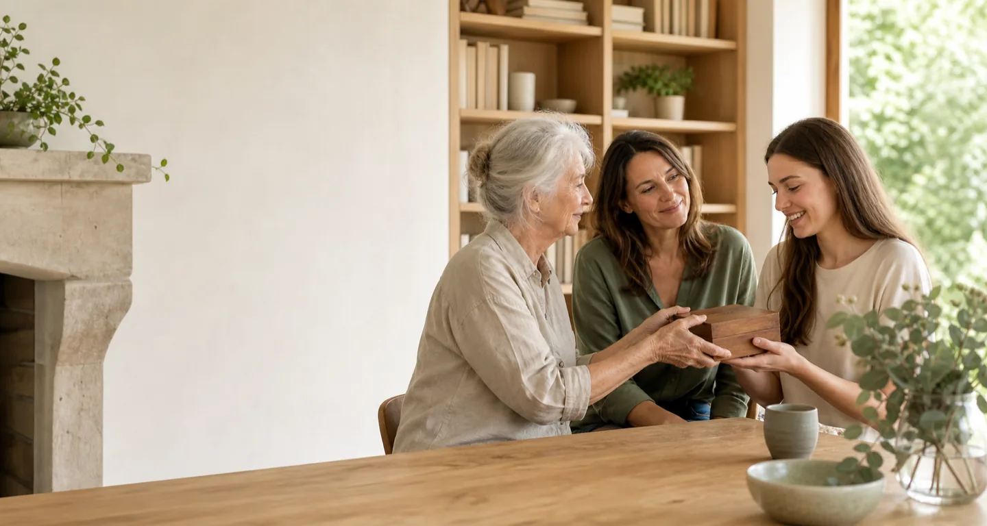 Trois générations échangent autour d’une table dans une maison française